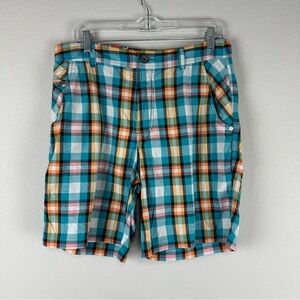 Lululemon Men’s Blue Red Yellow Plaid Kahuna Flat Front Athleisure Shorts 34